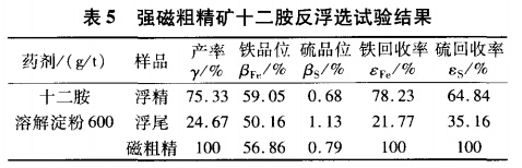 強(qiáng)磁粗精礦十二胺反浮選試驗(yàn)結(jié)果