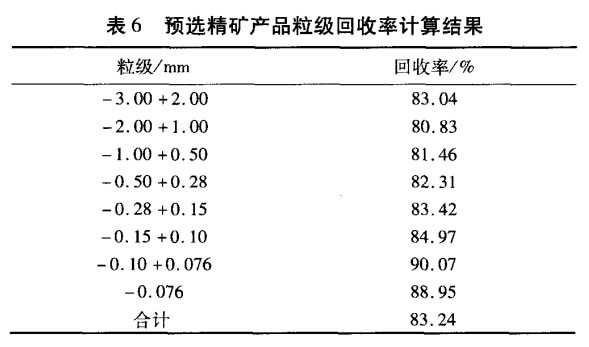 預(yù)選精礦產(chǎn)品粒級回收率計(jì)算結(jié)果