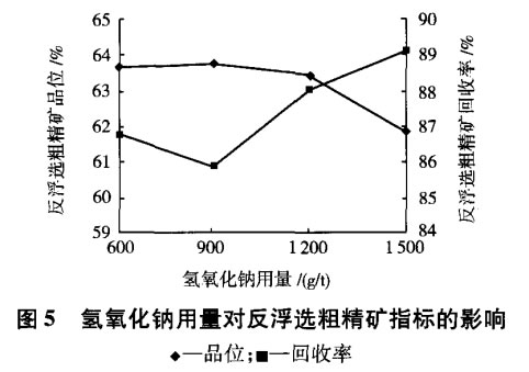 氫氧化鈉用量對反浮選粗精礦指標(biāo)的影響